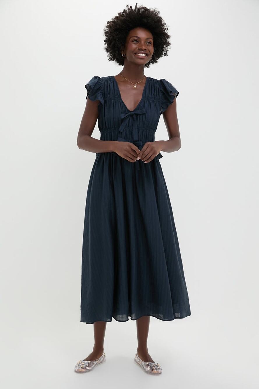 MOON RIVER Navy Flutter Sleeve Tie Front Midi Dress Size XS NWT